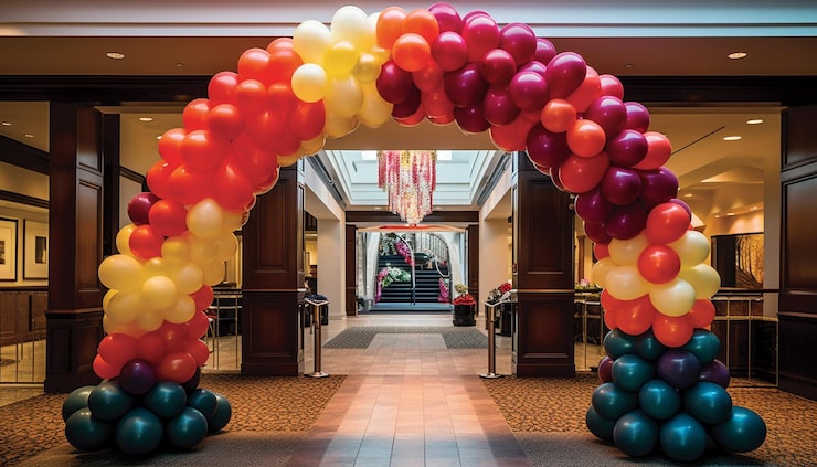 A large, elegant, and perfectly formed balloon archway in a gradient of colors from dark teal to red, orange, and white frames the entrance to a spacious, carpeted hotel or banquet hall lobby with dark wood pillars and an ornate chandelier visible in the background. Balloon Arches Suit Your Toronto Venue