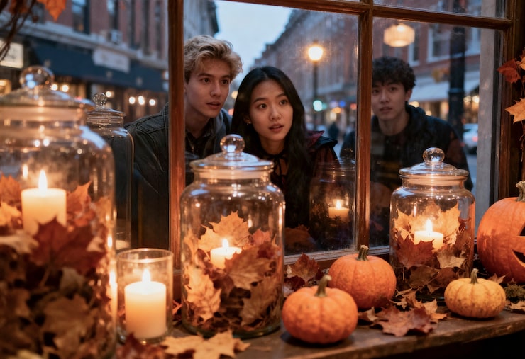 Three young adults are looking intently through a window from a dark, blurry street outside into a brightly lit space decorated for Halloween/Autumn. On the windowsill inside are several lit candles placed in large glass jars decorated with fall leaves, flanked by small, uncarved pumpkins and scattered leaves.