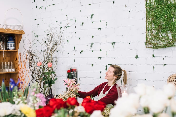 A florist in an apron arranges flowers at a workbench, with various roses and greenery in the foreground, suggesting the creation of bespoke or affordable wedding flowers Toronto arrangements and floral installations.