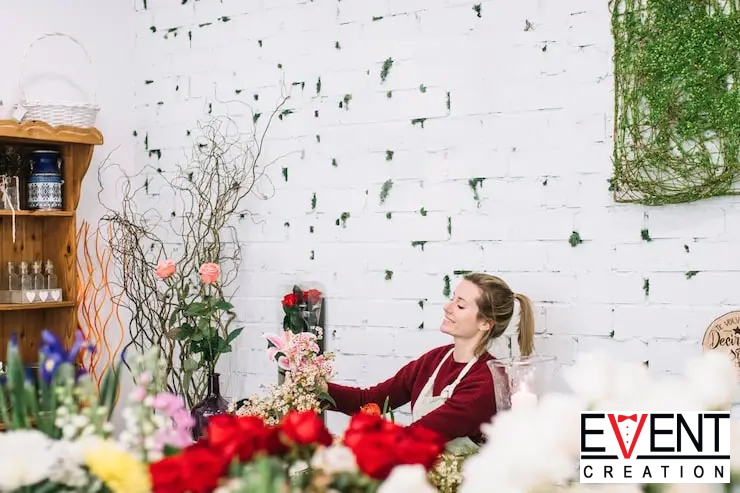 A florist arranges flowers at a workbench, in the foreground.