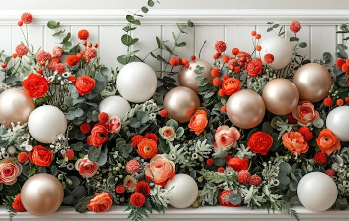 A sophisticated horizontal display of white and rose gold spherical balloons nestled among vibrant orange and red flowers, green eucalyptus, and delicate winter foliage.