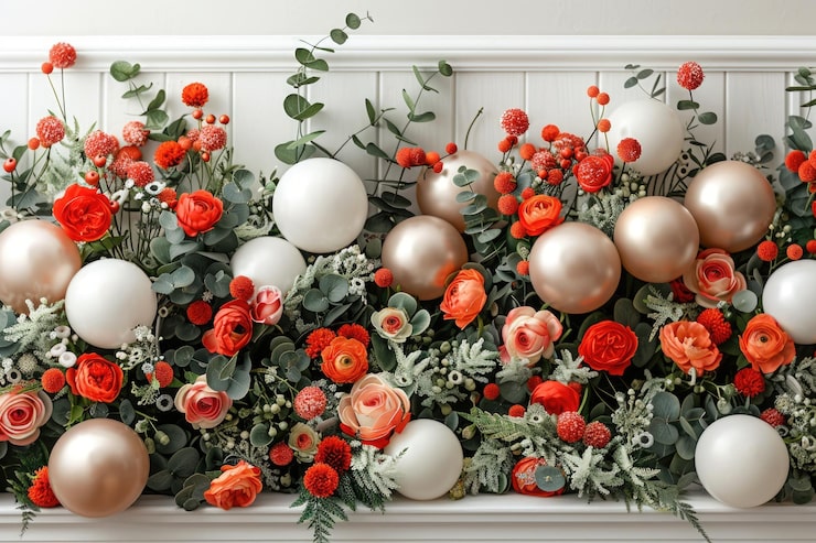 A sophisticated horizontal display of white and rose gold spherical balloons nestled among vibrant orange and red flowers, green eucalyptus, and delicate winter foliage.