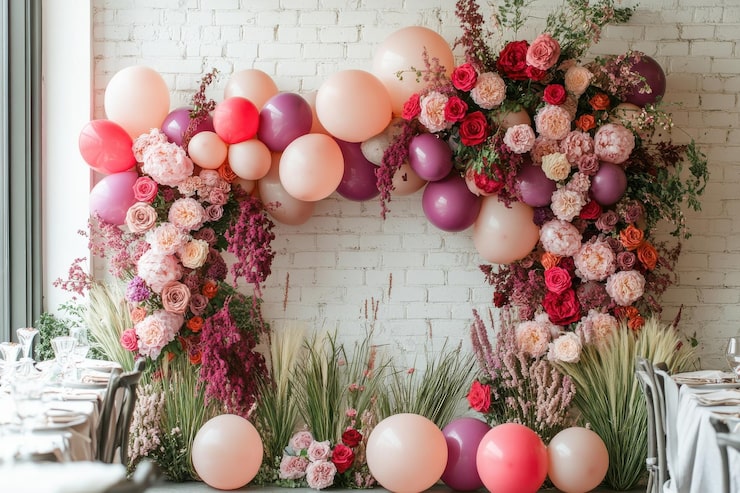 An elegant, asymmetrical balloon arch in shades of mauve, blush, and deep pink, heavily adorned with lush flowers and feathery grasses against a white brick wall.