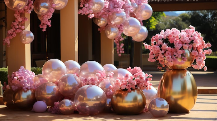 A luxurious arrangement of large, reflective rose gold and metallic pink balloons interspersed with clusters of pink cherry blossoms, set against gold pedestal vases outdoors. Floral-Balloon Backdrop for Your Toronto Event