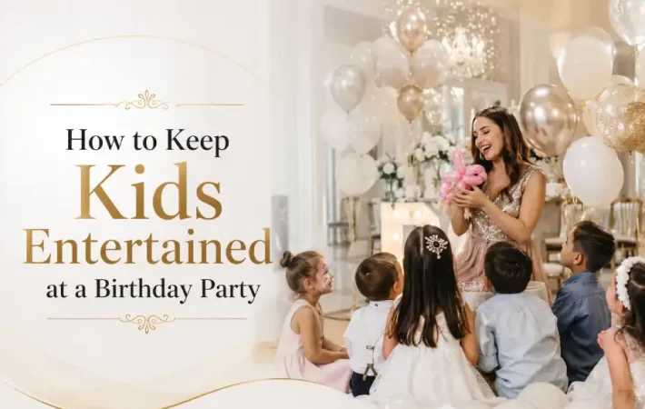 Children gathered around a host at a birthday party with balloons